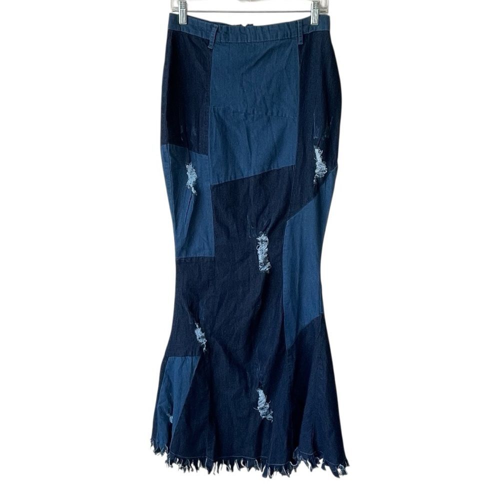 TOUCH ME Patchwork Distressed Denim Jean‎ Maxi Skirt Size large
